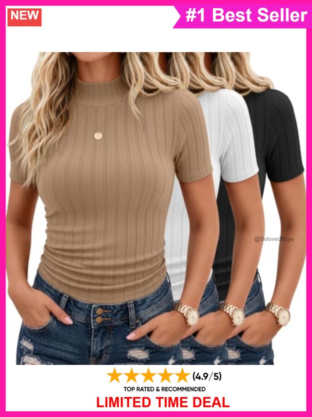 3 Pack Women's Ribbed Mock Turtleneck Short Sleeve Slim Fit Tops